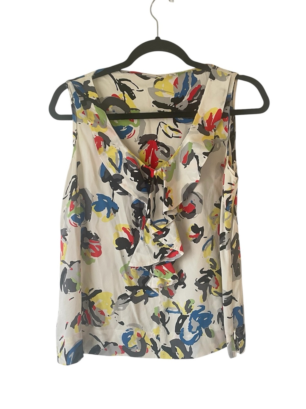 Halogen silk colorful ruffle neck sleeveless blouse size large petite